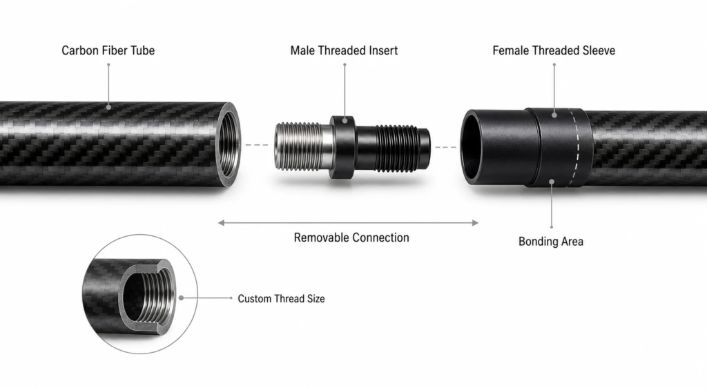 Carbon fiber tube threaded joint application diagram with male and female threaded connectors